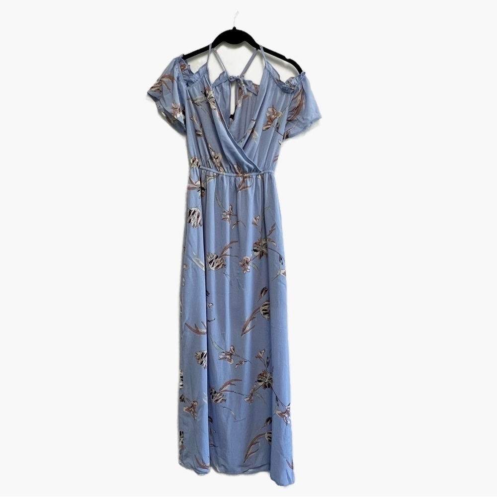 ONE CLOTHING Floral Open Shoulder Maxi Dress Women’s S Cornflower Blue Tie Back - Picture 3 of 9